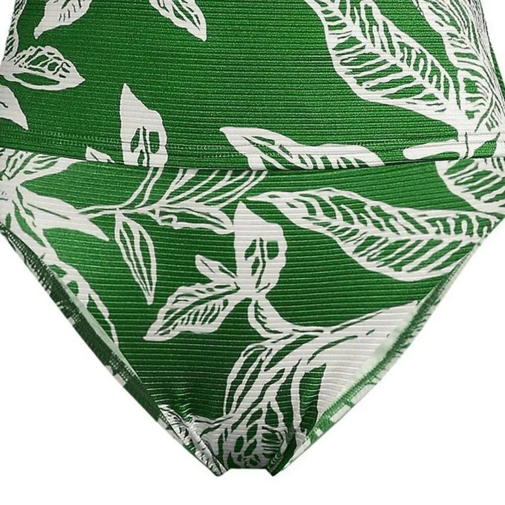 Land's End textured ribbed shine bikini bottom green etched leaves shine M 10-12